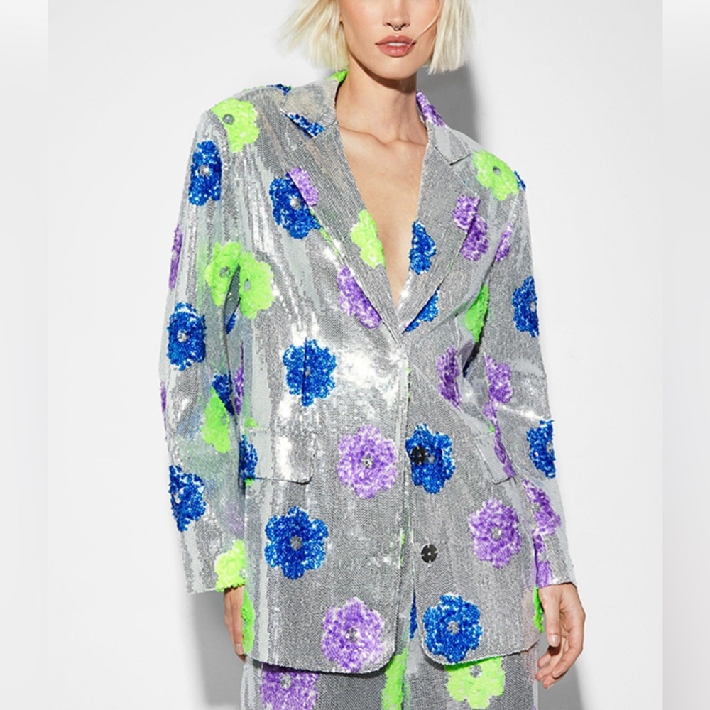 Sequin Floral Blazer Jacket - Silver with Blue, Purple & Neon Green